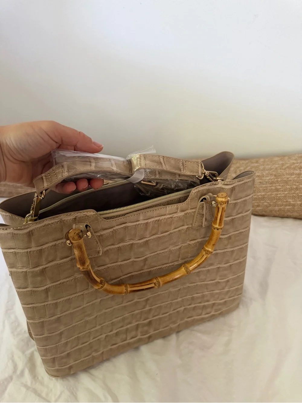 New Beige Croc-Embossed Bamboo Handle Tote - Women Bags